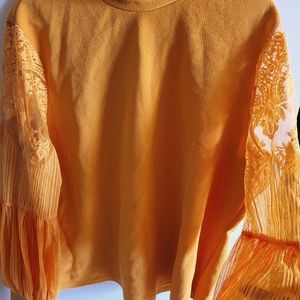 Plus Size High Neck Lace Bishop Sleeve Top